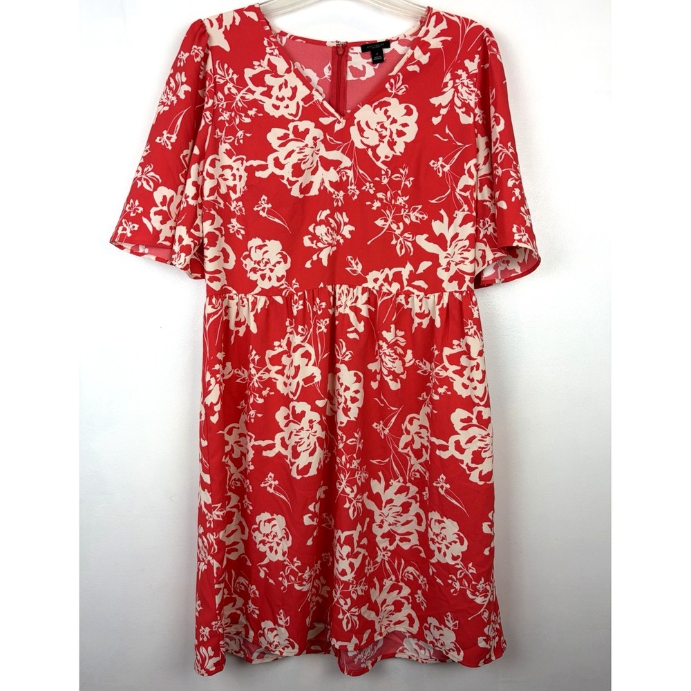 Ann Taylor Factory Dress Womens 8 Floral Puff Sleeves Shift Style Coral Vacation